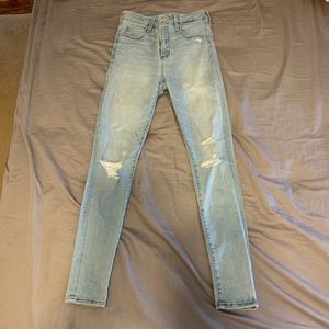 A&F light wash distressed high rise skinny jeans